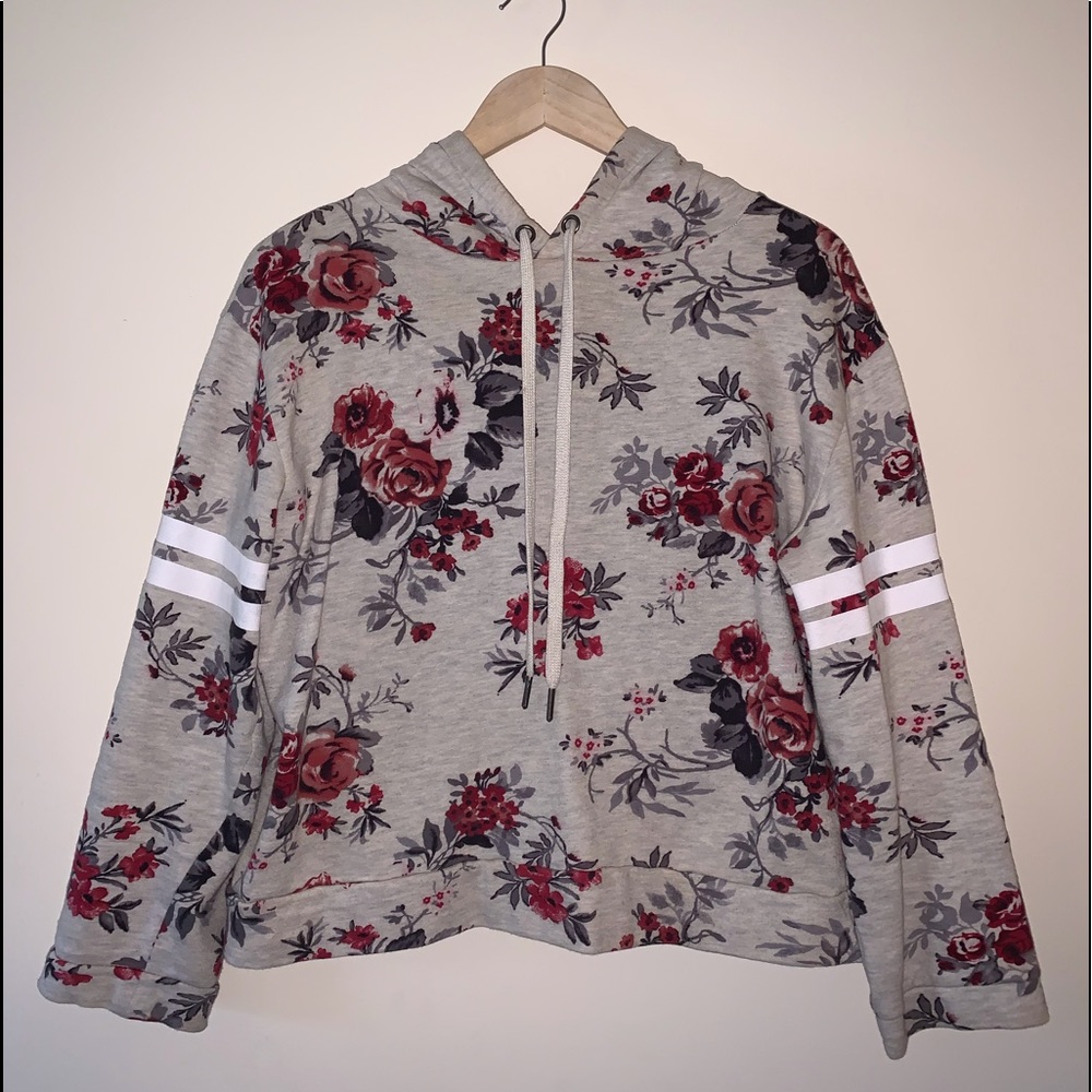 Flower Print Long Sleeve Crop Top With Hood